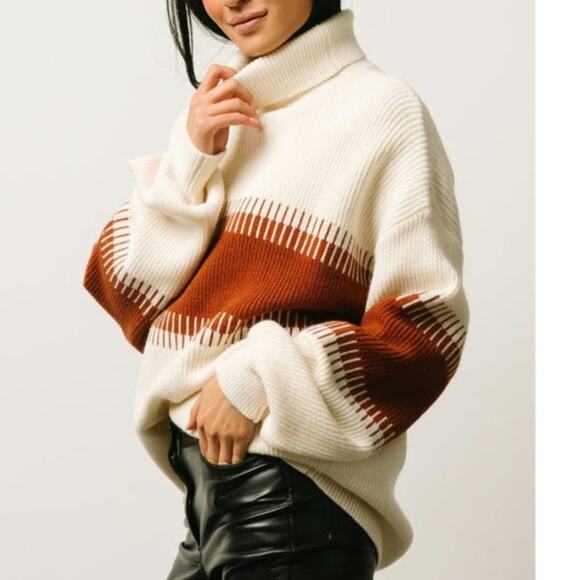 EUC Colorblock Cozy Oversize Turtle Neck Knit Sweater Sz. 1XL Cream & Spice - Picture 2 of 9